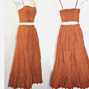 Jason Wu Eyelet Cotton-Blend Crop Top and Tiered Midi Skirt Set  in Toffee  sz L